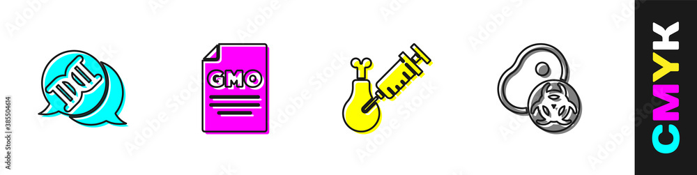 Set DNA symbol, GMO, Gmo research chicken and Genetically modified meat icon. Vector.