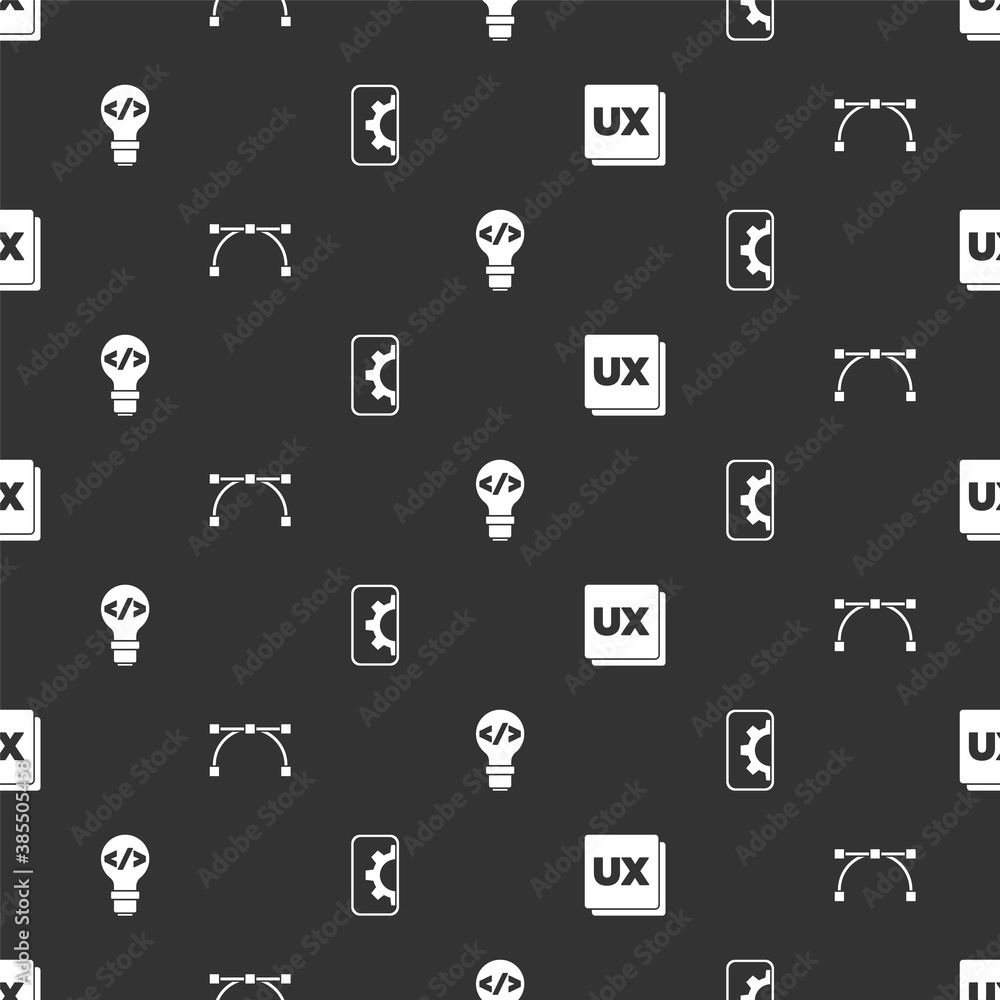 Set UI or UX design, Bezier curve, Front end development and Web on seamless pattern. Vector.