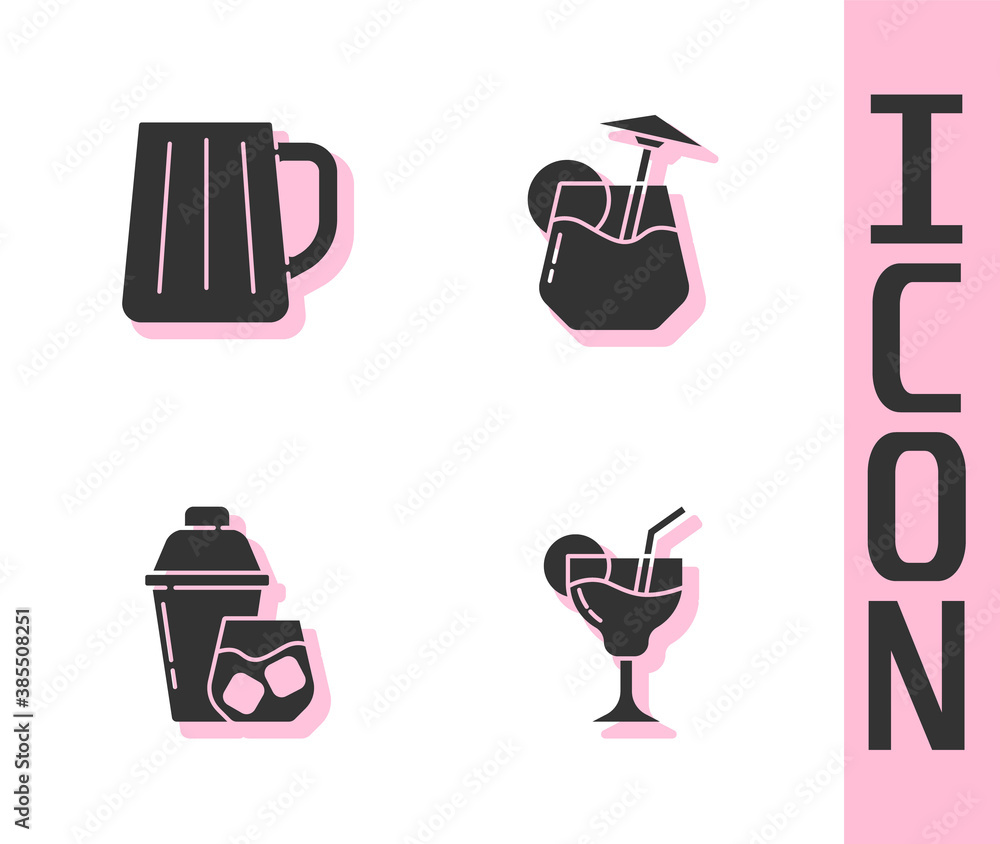 Set Cocktail, Wooden beer mug, shaker and icon. Vector.