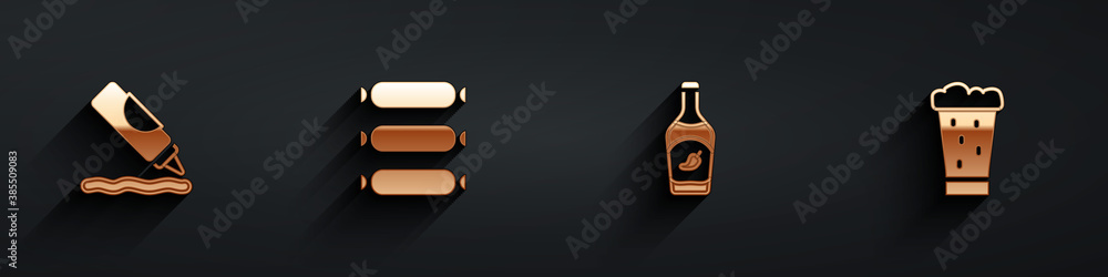 Set Ketchup bottle, Sausage, and Glass of beer icon with long shadow. Vector.