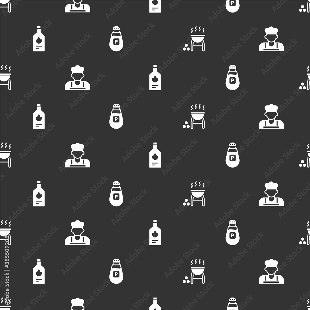 Set Barbecue grill, Cook, Tabasco sauce and Pepper on seamless pattern. Vector.