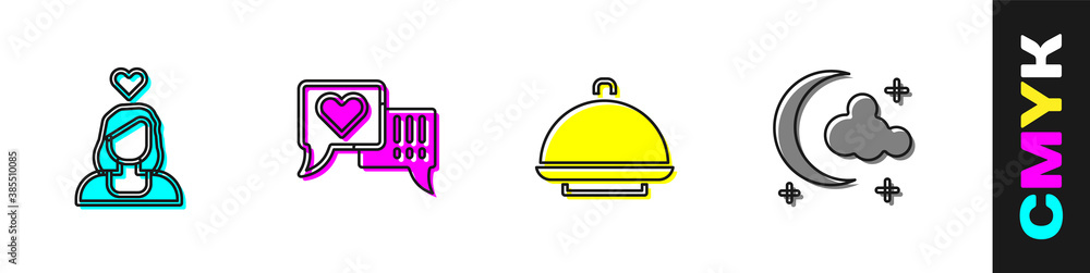 Set Couple in love, Heart speech bubble, Covered with tray and Moon and stars icon. Vector.