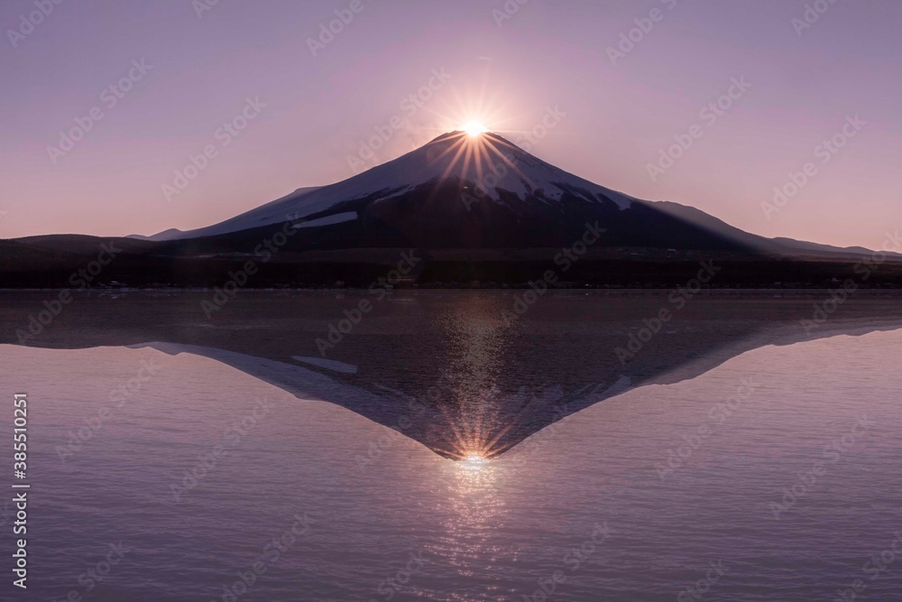 Fuji Diamond. Fuji diamond at Lake Yamanakako in winter season. Diamond Fuji is the name given to th