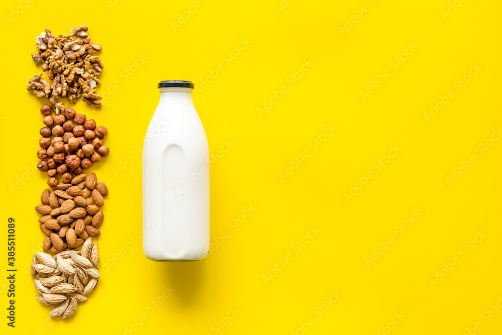 Above view of non-dairy milk alternative - almond hazelnut walnut milk