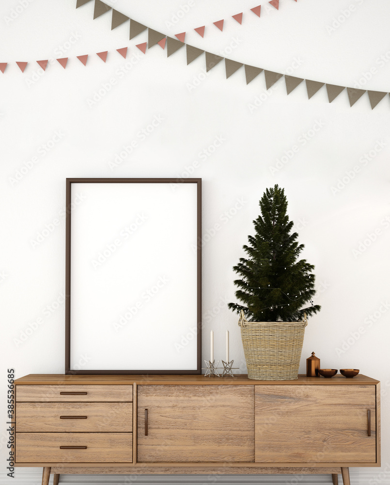 Christmas theme interior design in living area with frame,3d illustration,3d rendering