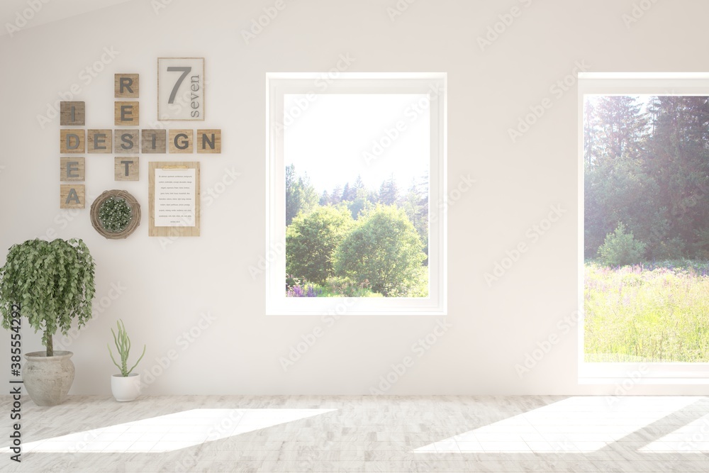 Stylish empty room in white color with summer landscape in window. Scandinavian interior design. 3D 