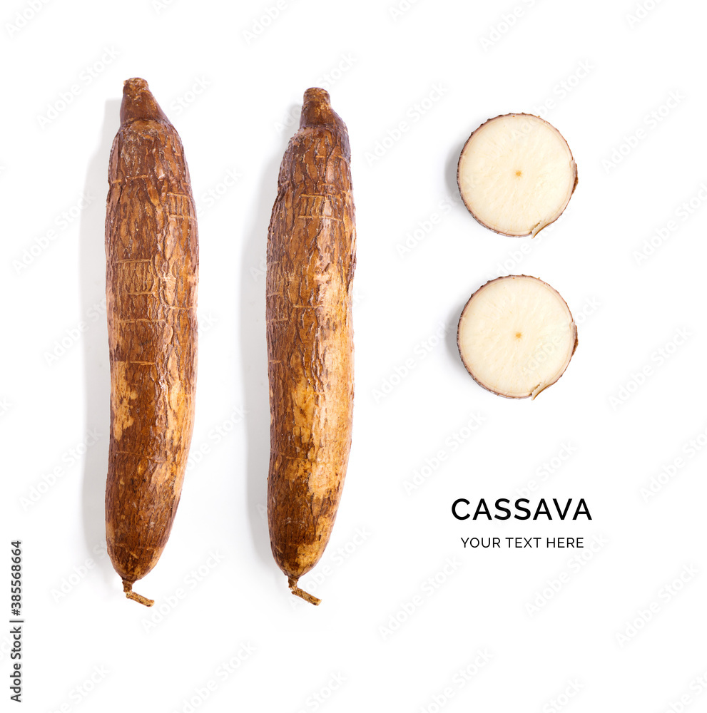 Creative layout made of cassava on the white background.. Flat lay. Food concept.  