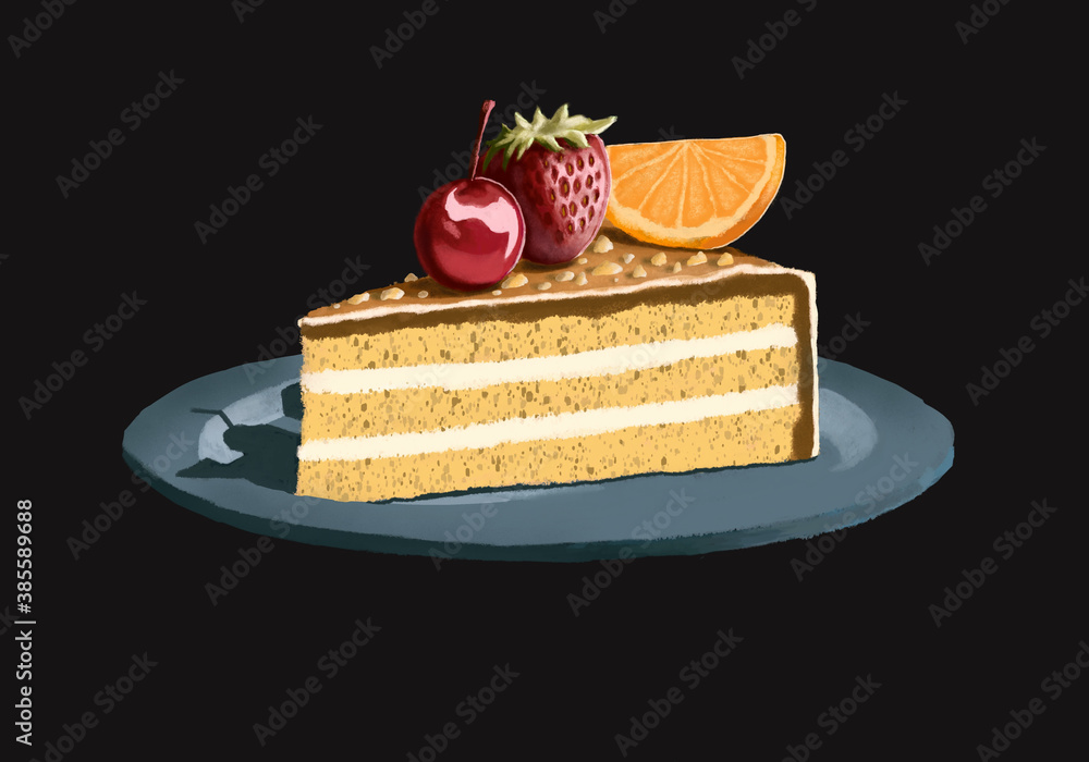 Piece of cake isolated on black background cg painting illustration