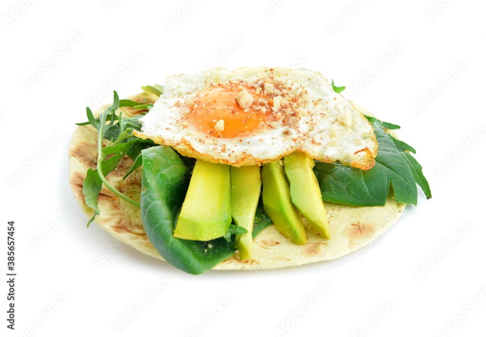 Sandwich with fried egg and avocado on white background