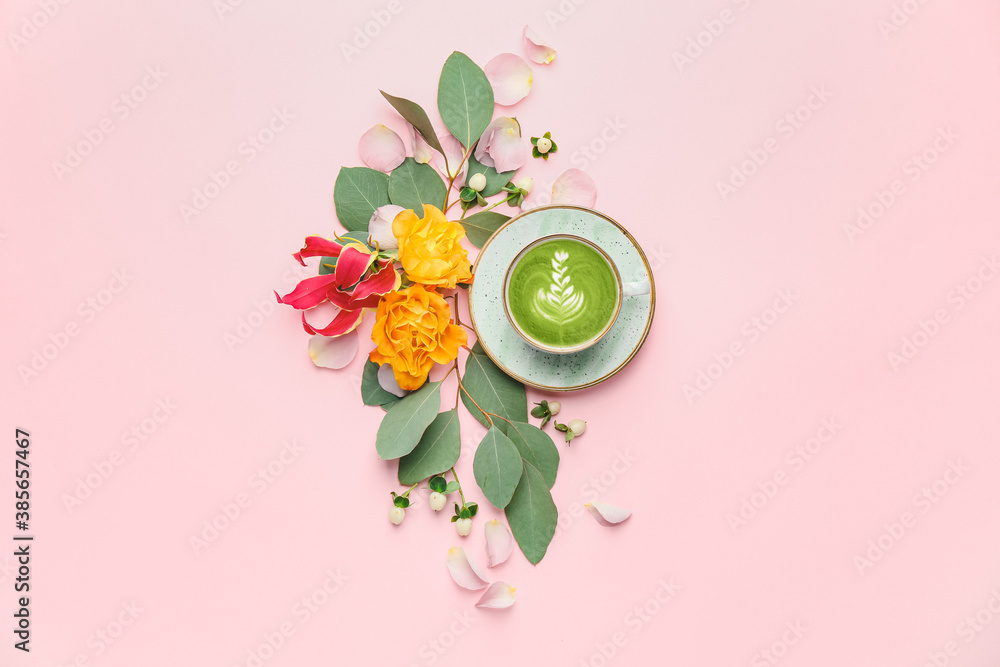 Beautiful composition with cup of matcha tea on color background