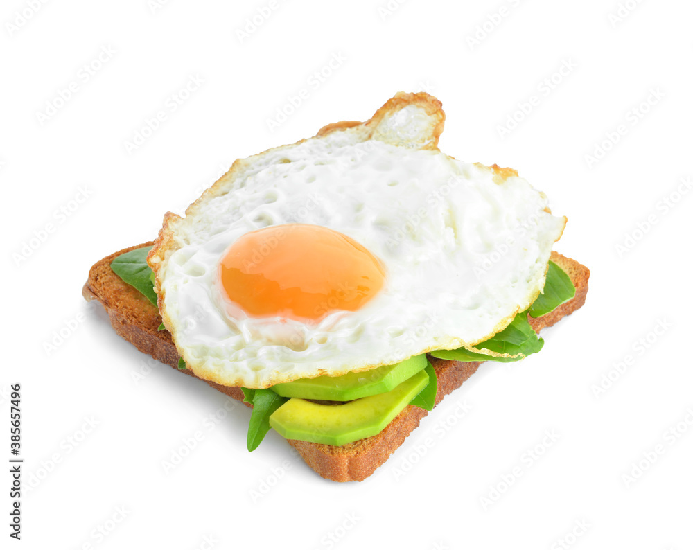 Sandwich with fried egg and avocado on white background