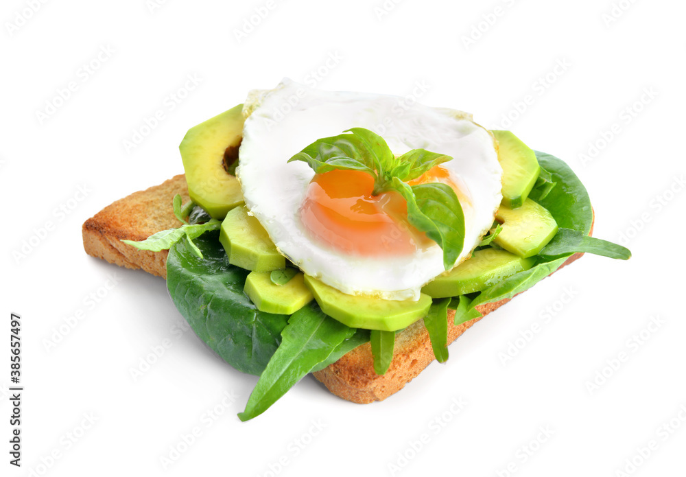 Sandwich with fried egg and avocado on white background