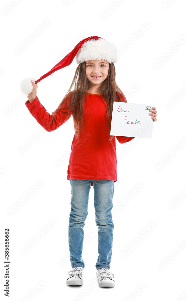 Cute little girl with letter to Santa on white background