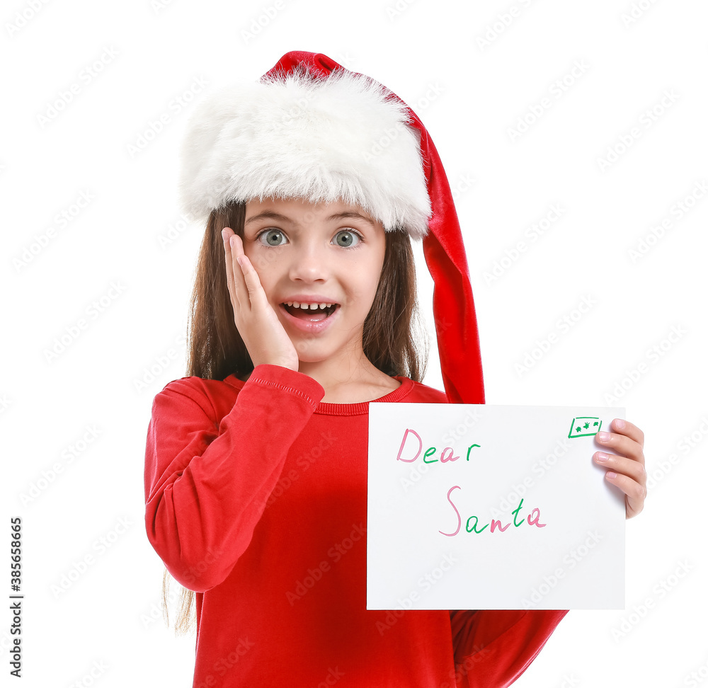 Cute little girl with letter to Santa on white background