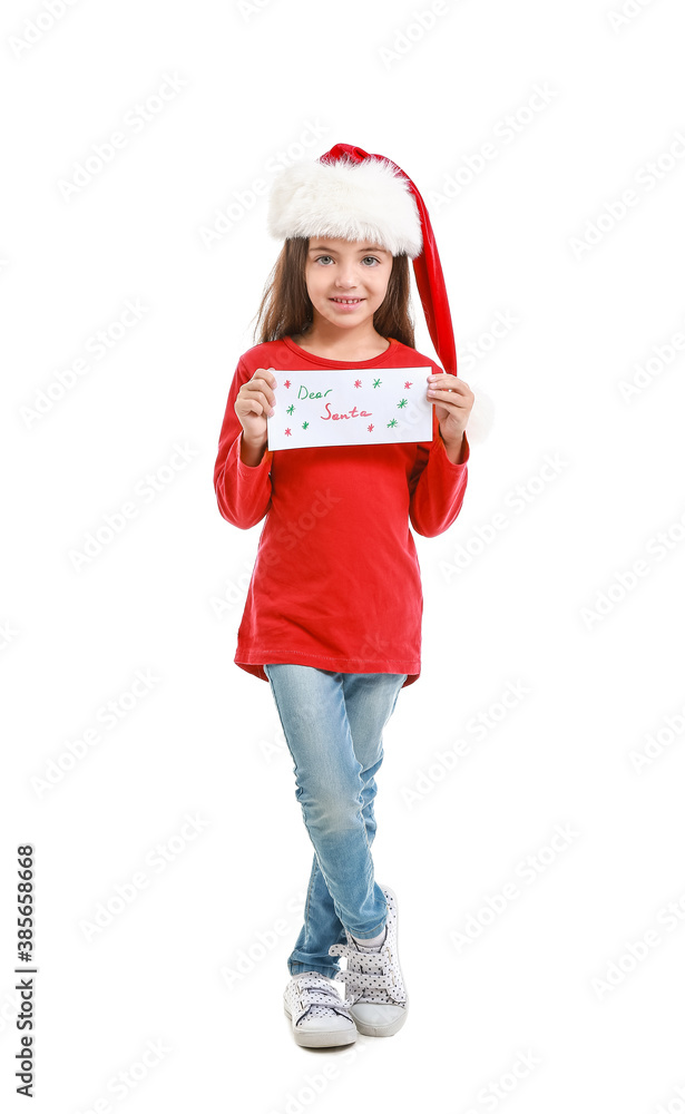 Cute little girl with letter to Santa on white background