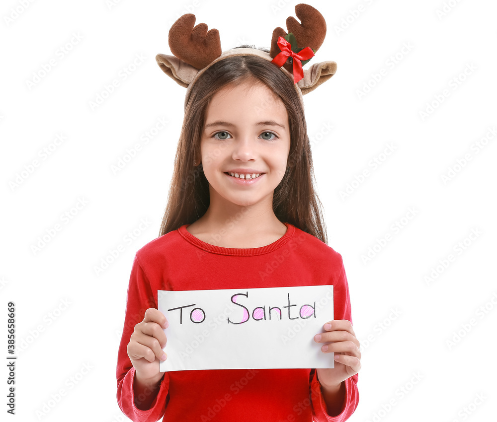 Cute little girl with letter to Santa on white background