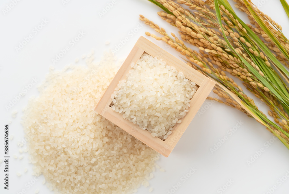 White rice, Masu and ears of rice on a white background