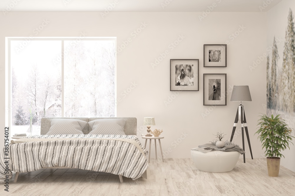 White bedroom interior. Scandinavian design. 3D illustration