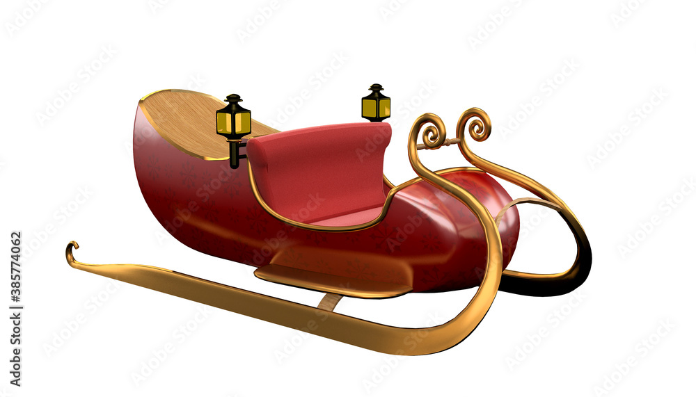 Santa sleigh isolate on white, red and gold new year gift cart for reindeers to carry Christmas item