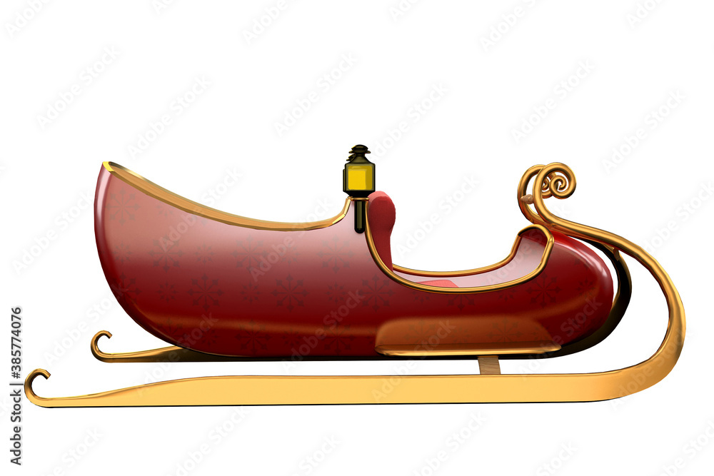 Santa sleigh isolate on white, red and gold new year gift cart for reindeers to carry Christmas item