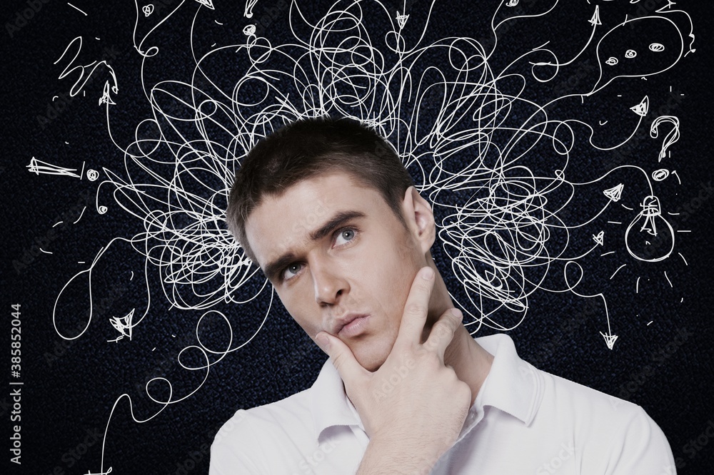 Young man with worried stressed face.