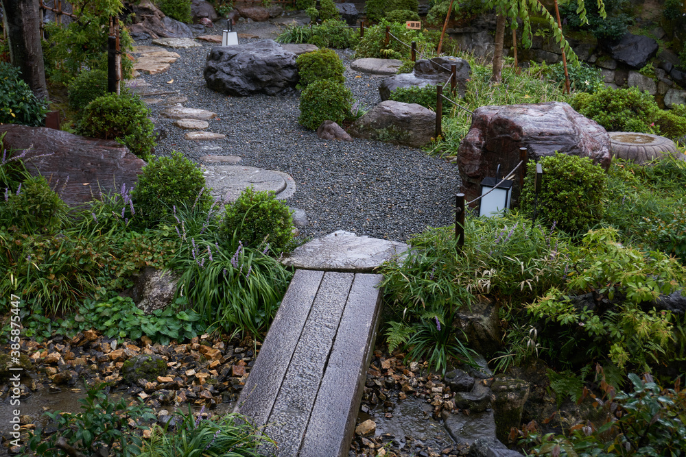 old stone bridge in Japanese zen garden