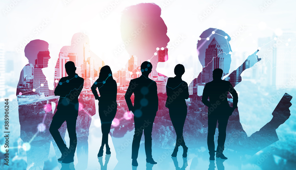 Abstract image of many business people together in group on background of city view with office buil