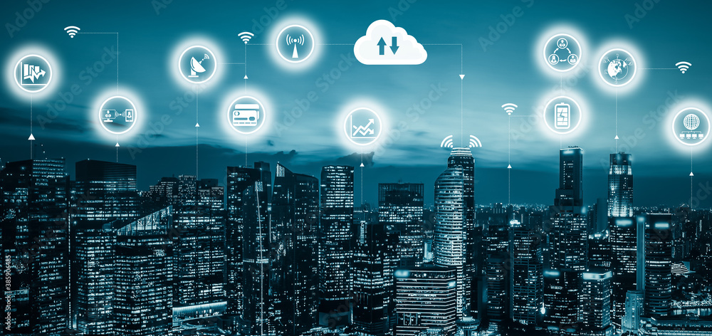 Advanced communication and global internet network connection in smart city . Concept of future 5G w