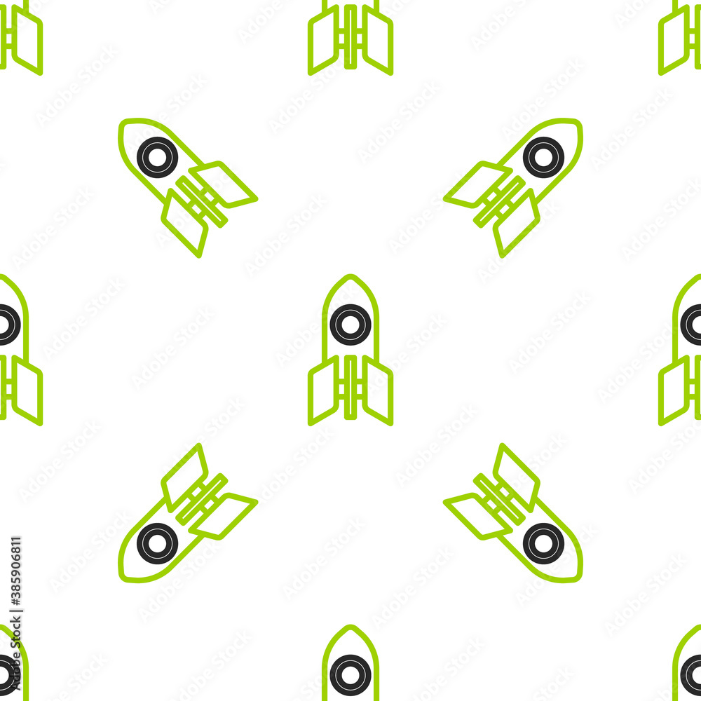 Line Rocket ship icon isolated seamless pattern on white background. Space travel. Vector.