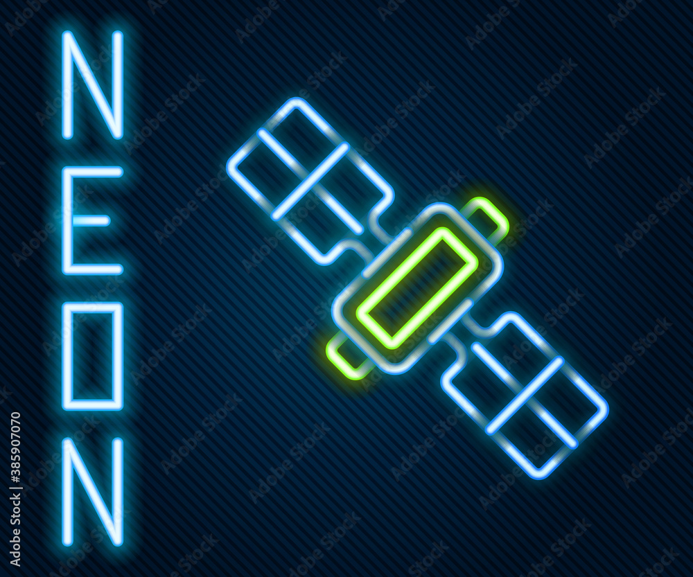 Glowing neon line Satellite icon isolated on black background. Colorful outline concept. Vector.