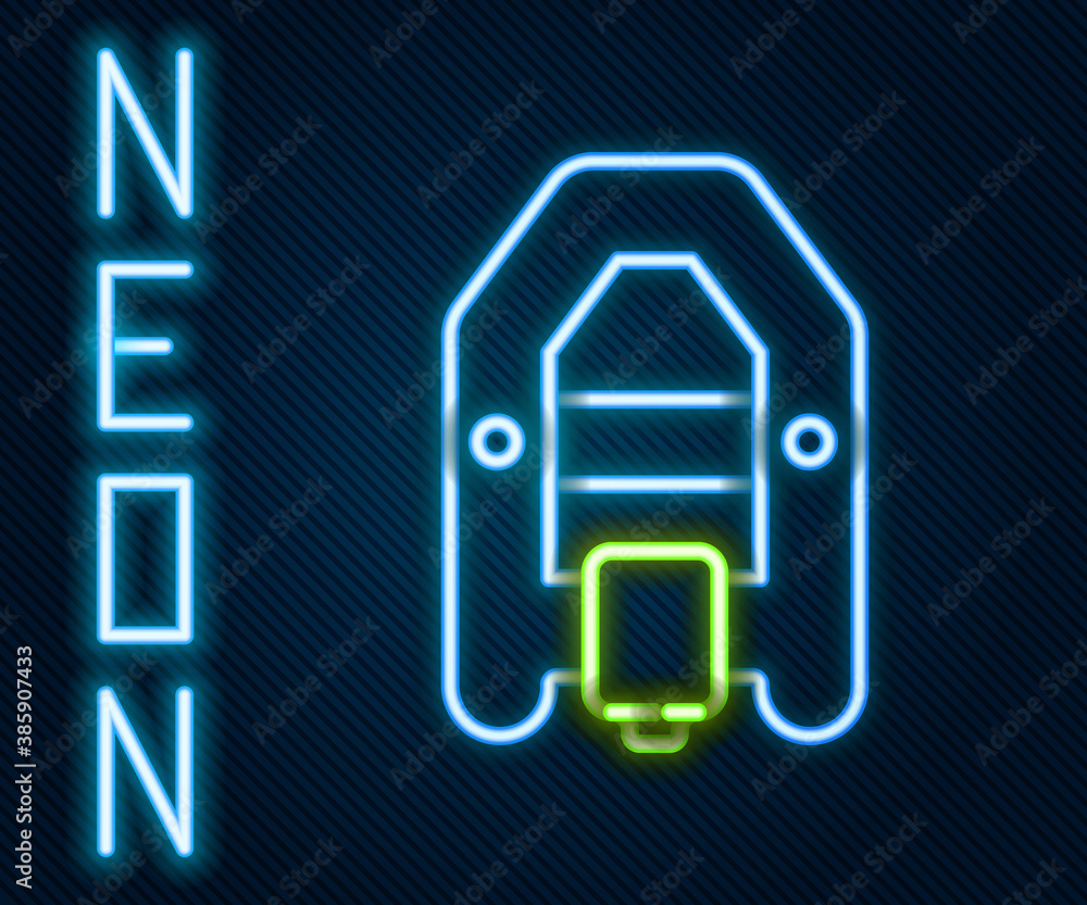 Glowing neon line Rafting boat icon isolated on black background. Inflatable boat with paddles. Wate