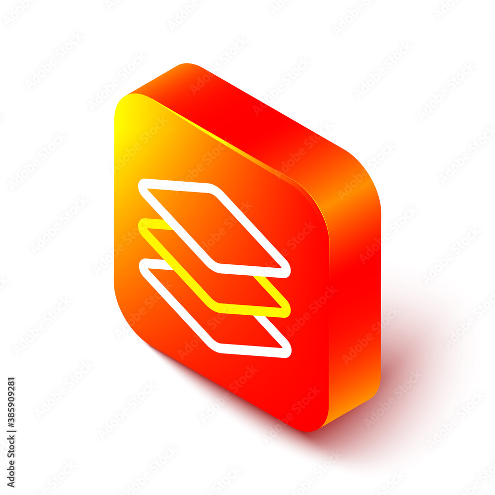 Isometric line Layers icon isolated on white background. Orange square button. Vector.