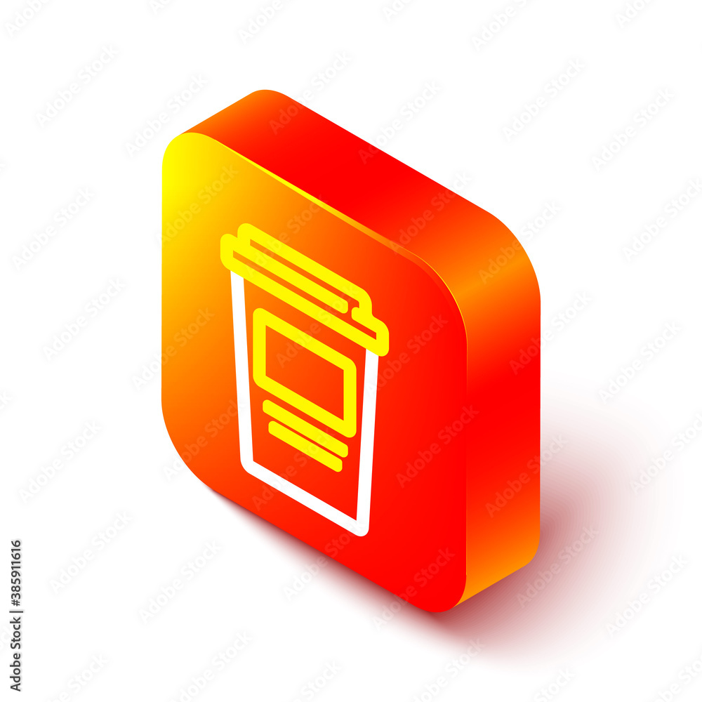 Isometric line Coffee cup to go icon isolated on white background. Orange square button. Vector.