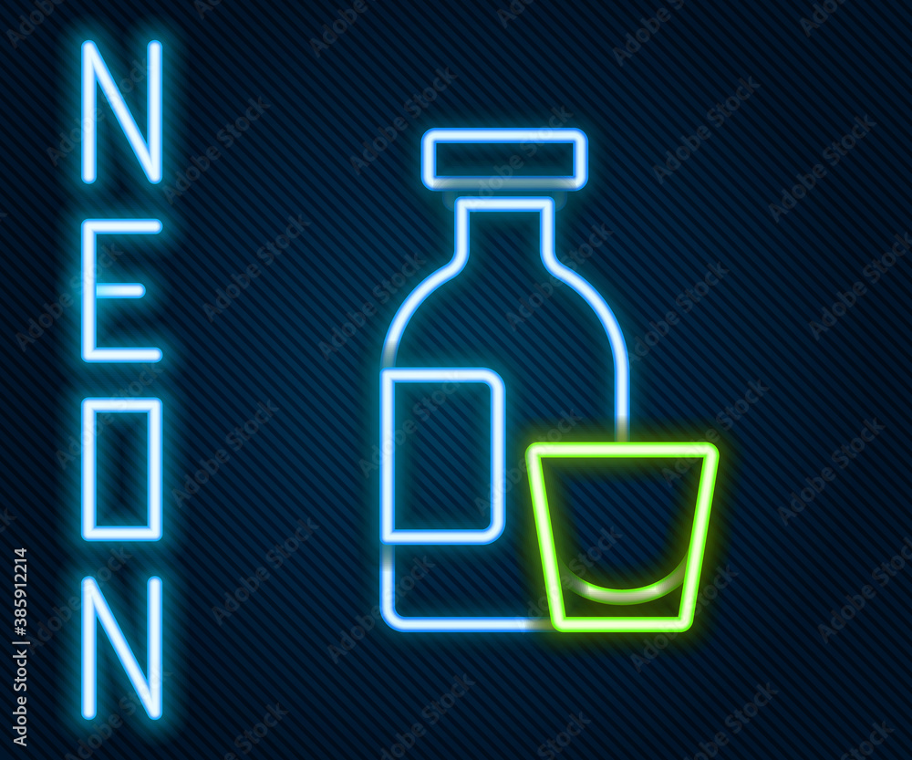 Glowing neon line Alcohol drink Rum bottle and glass icon isolated on black background. Colorful out