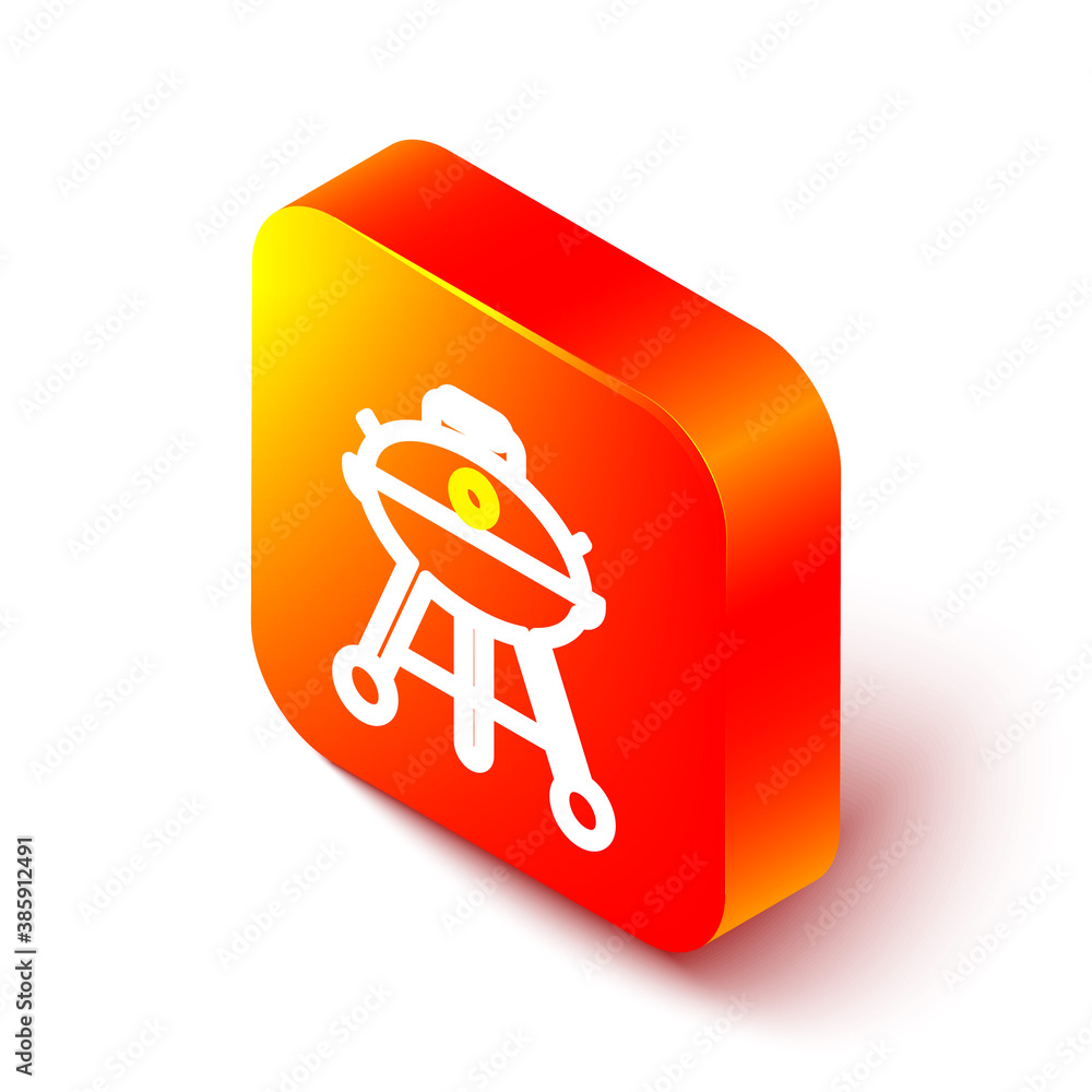 Isometric line Barbecue grill icon isolated on white background. BBQ grill party. Orange square butt