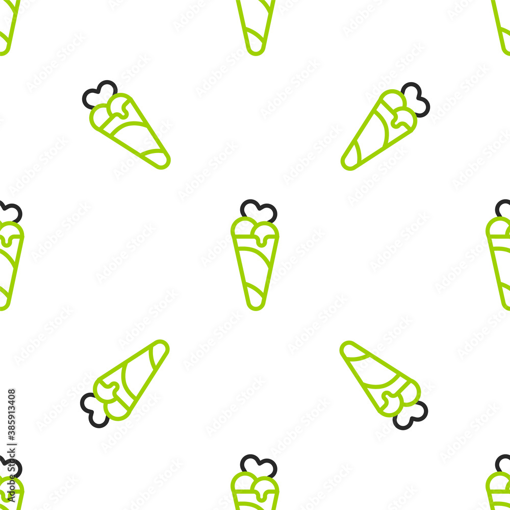 Line Ice cream in waffle cone icon isolated seamless pattern on white background. Sweet symbol. Vect