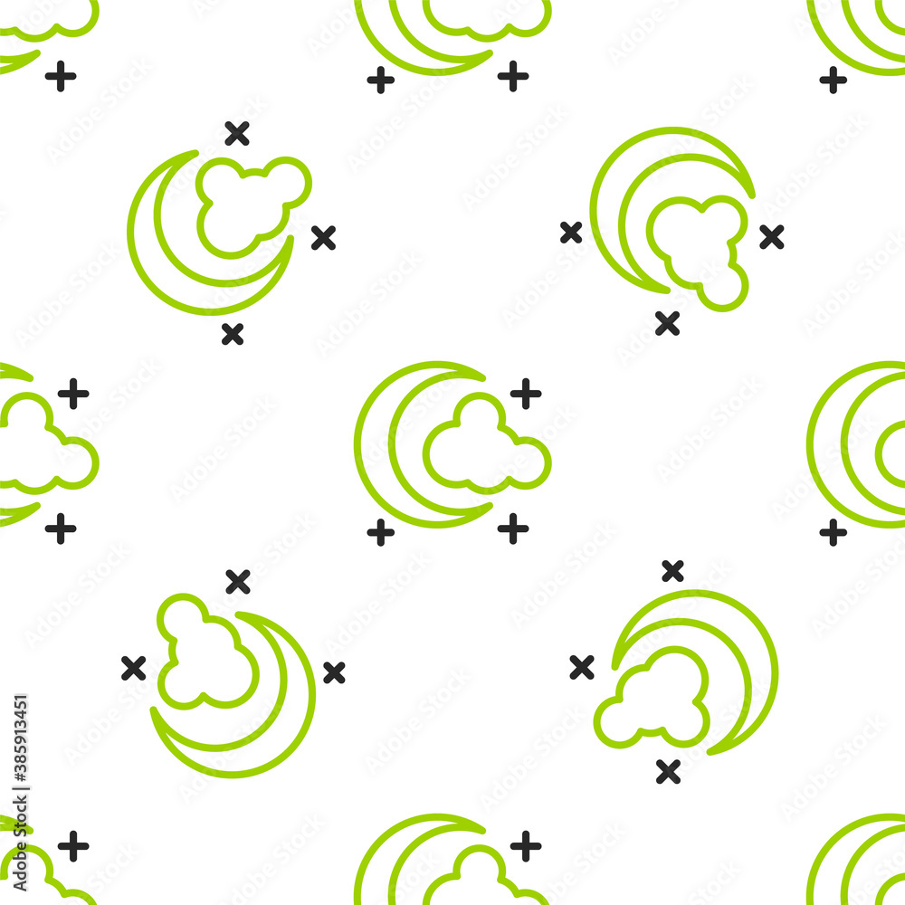 Line Moon and stars icon isolated seamless pattern on white background. Vector.