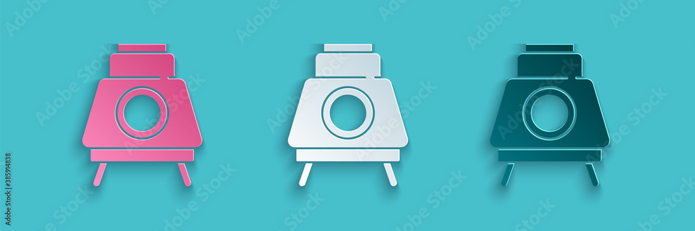 Paper cut Mars rover icon isolated on blue background. Space rover. Moonwalker sign. Apparatus for s