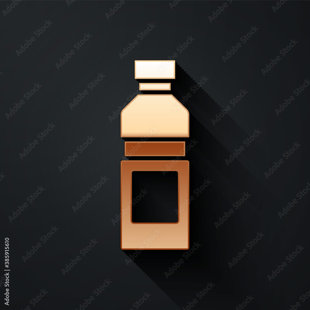 Gold Bottle of water icon isolated on black background. Soda aqua drink sign. Long shadow style. Vec