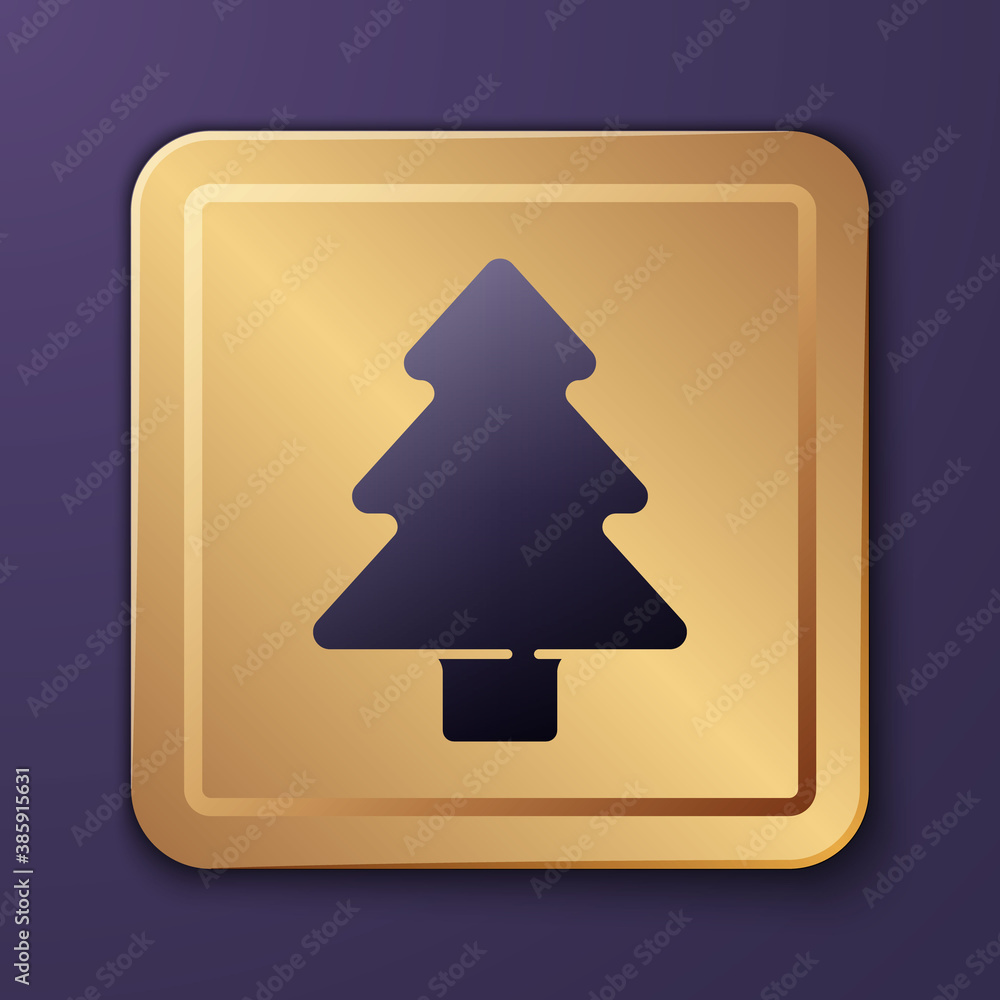 Purple Tree icon isolated on purple background. Forest symbol. Gold square button. Vector.