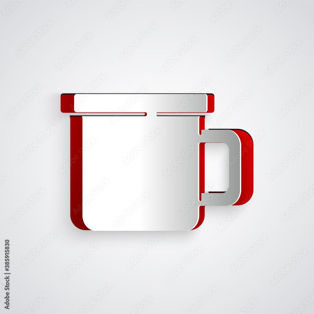 Paper cut Camping metal mug icon isolated on grey background. Paper art style. Vector.