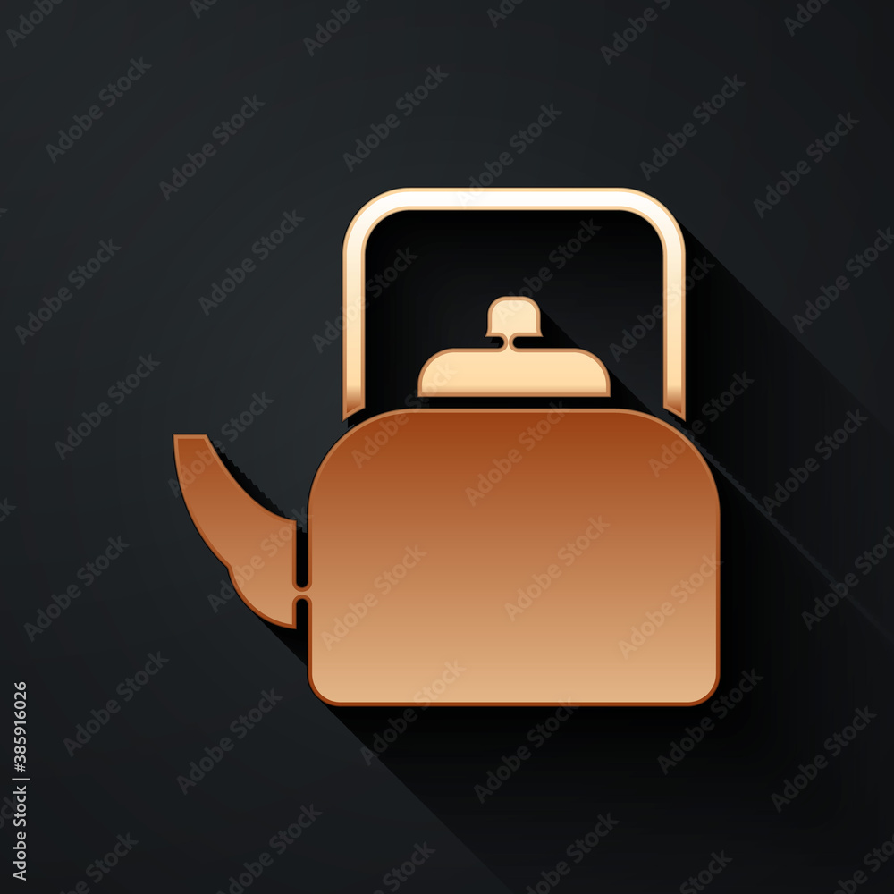 Gold Kettle with handle icon isolated on black background. Teapot icon. Long shadow style. Vector.