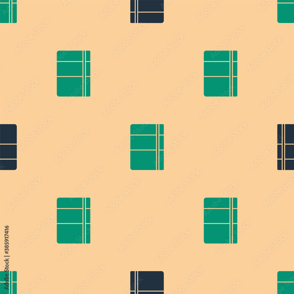 Green and black Sketchbook or album icon isolated seamless pattern on beige background. Vector.