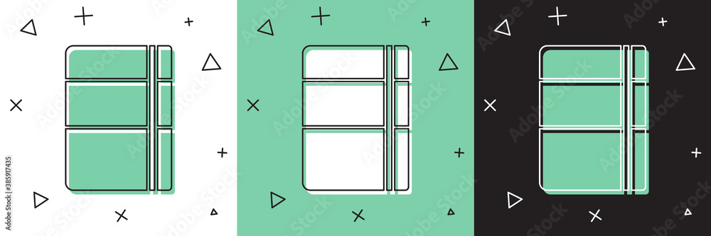 将Sketchbook或相册图标隔离在白色和绿色黑色背景上。矢量。