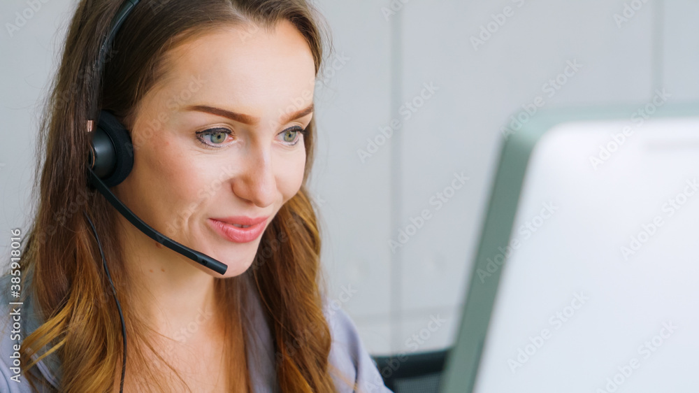 Business people wearing headset working in office to support remote customer or colleague. Call cent