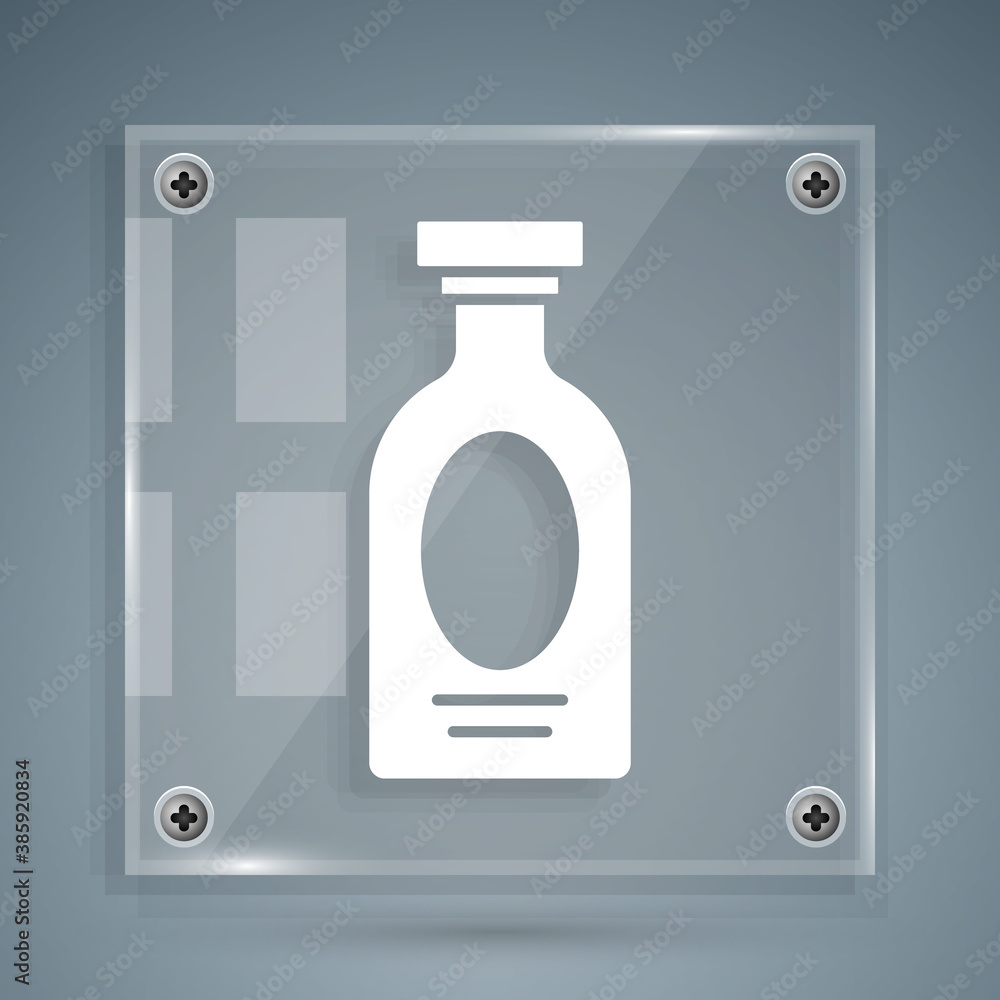 White Alcohol drink Rum bottle icon isolated on grey background. Square glass panels. Vector.