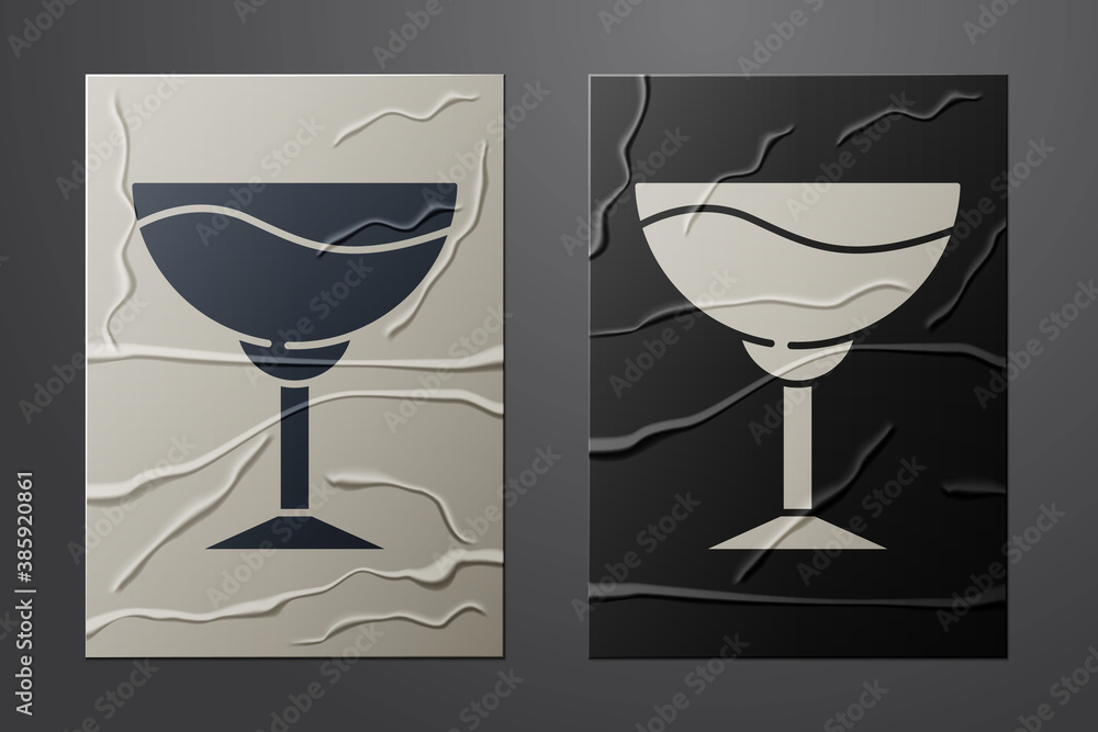 White Wine glass icon isolated on crumpled paper background. Wineglass sign. Paper art style. Vector