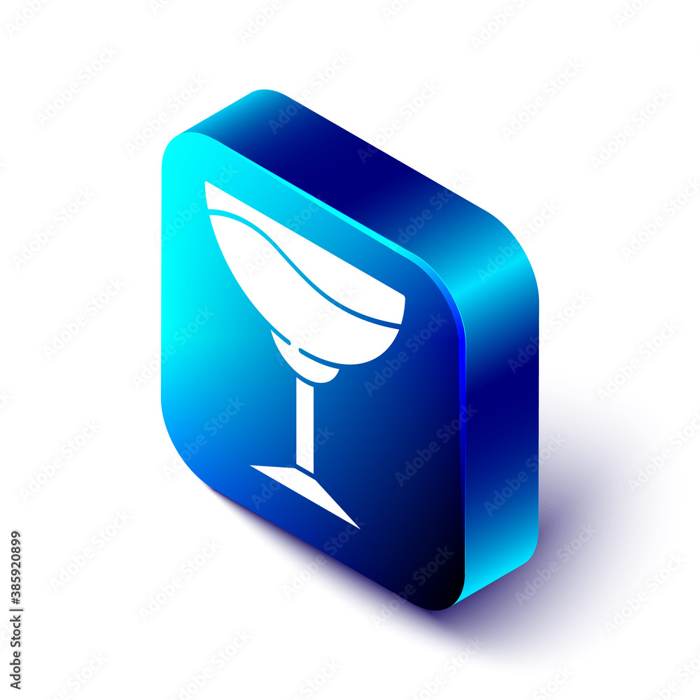 Isometric Wine glass icon isolated on white background. Wineglass sign. Blue square button. Vector.