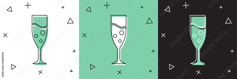 Set Glass of champagne icon isolated on white and green, black background. Vector.