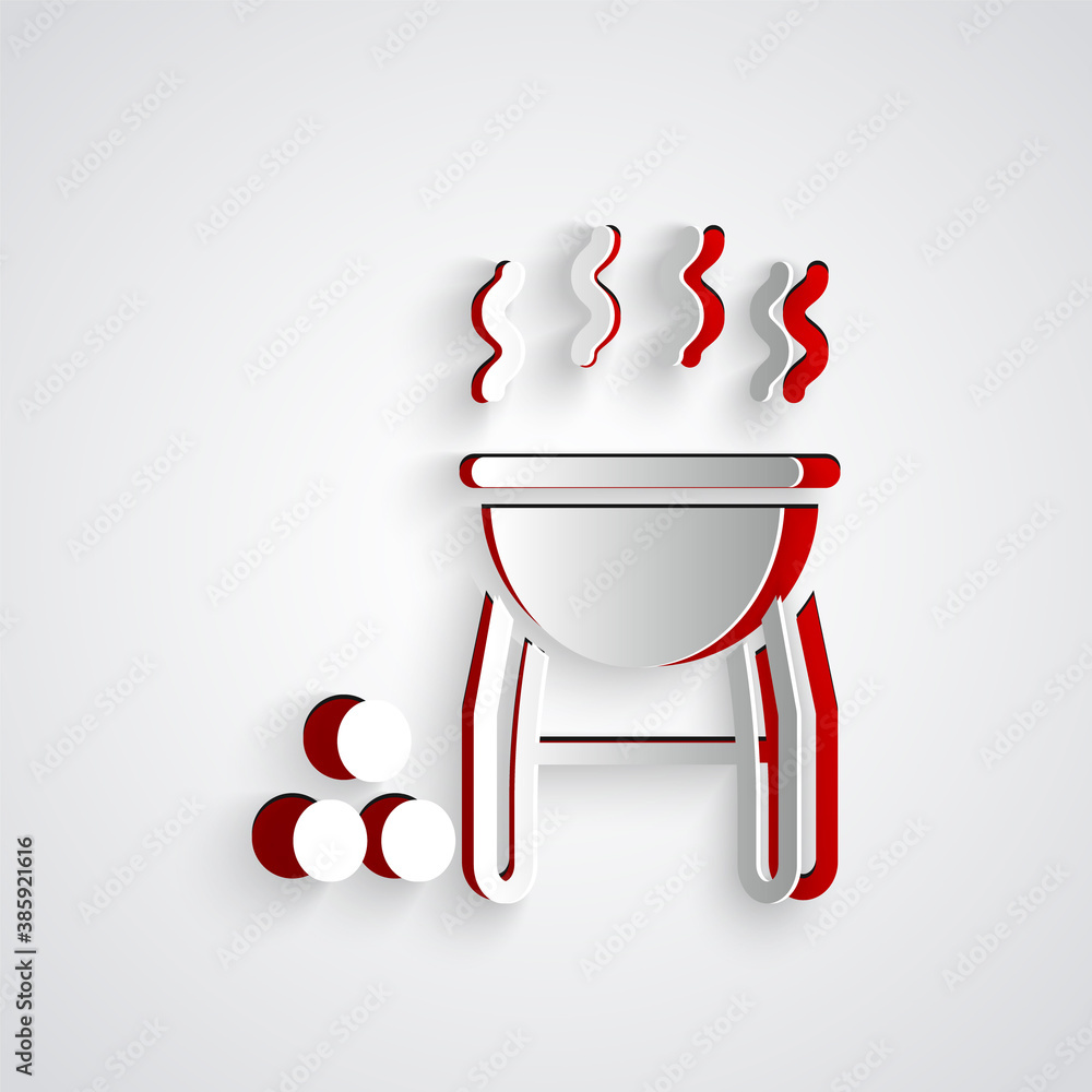 Paper cut Barbecue grill icon isolated on grey background. BBQ grill party. Paper art style. Vector.